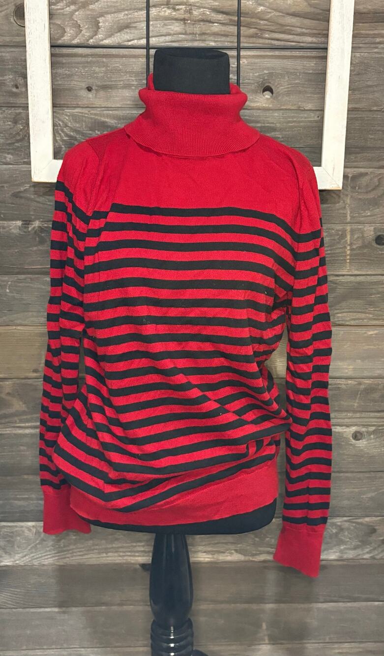 Talbots red black stripped classic turtleneck pullover sweater women's size Med